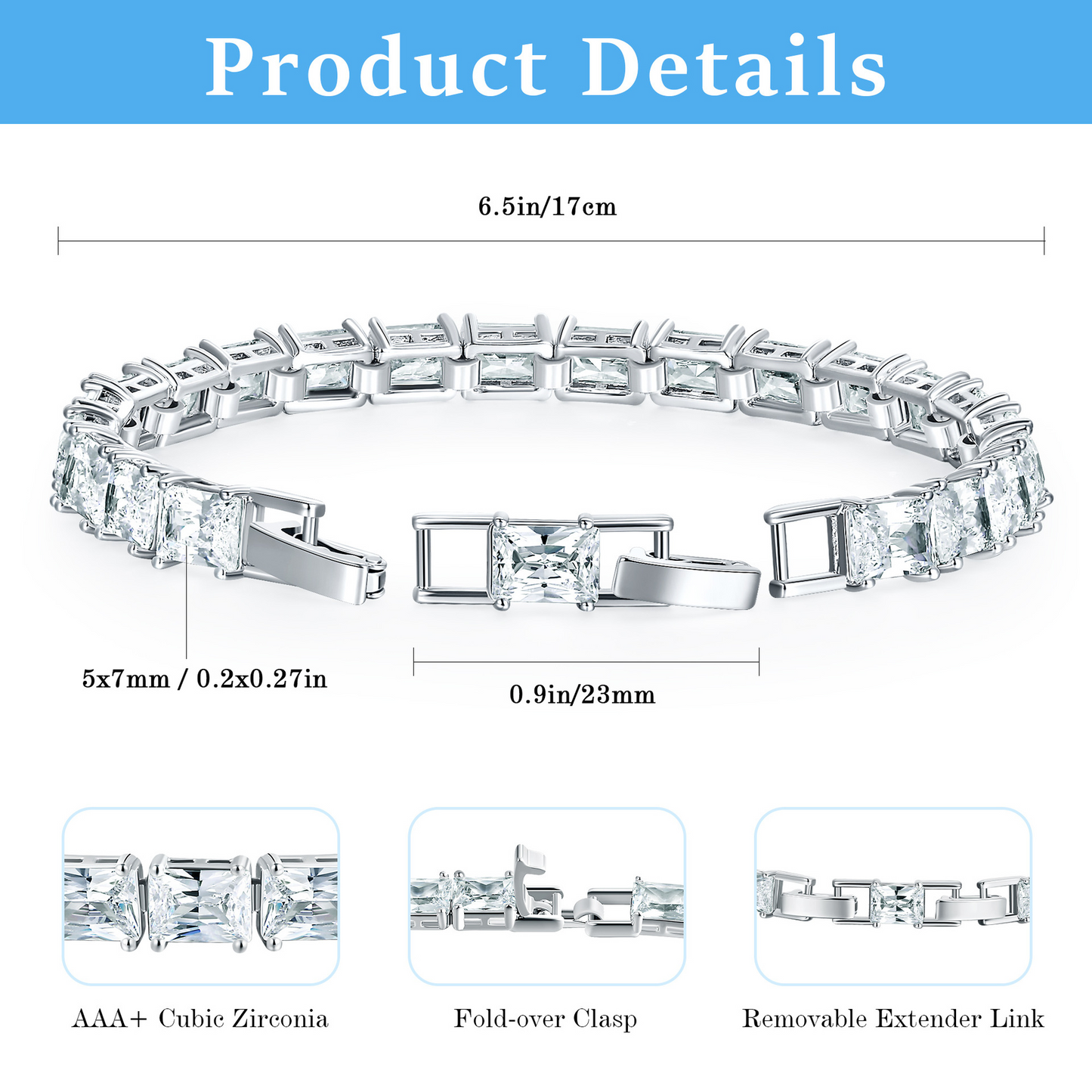 Geometric Elegance | 5x7mm Square CZ Tennis Bracelet